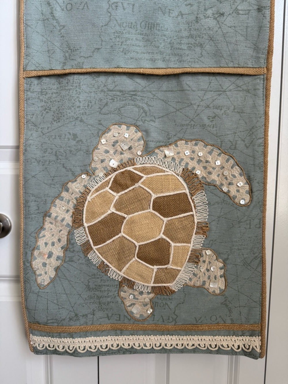 Pier 1 Aqua Blue Table Runner with Beaded Sea Turtle Natural Burlap Trim